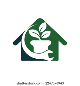 Gartenfixe Vektorlogo-Konzept. Blumentopf und -schlüssel mit Logo-Symbol für das Haus.