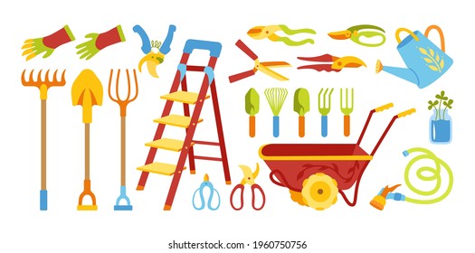 Garden flat cartoon set. Gardening tools, shovel pitchfork and rake, rustic stepladder. Village rubber boots and gloves, secateurs. Garden cart and watering can, hose. Hand drawn vector illustration