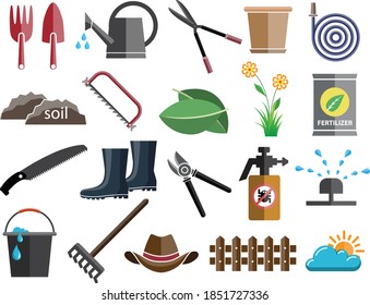 garden flat icon set of tool and object for garden used, vector illustration