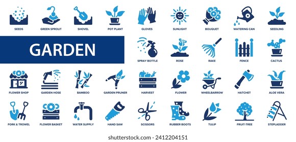 Garden flat icons set. Flowers, plot, dacha, grass, watering can, trees, care, digger icons and more signs. Flat icon collection.