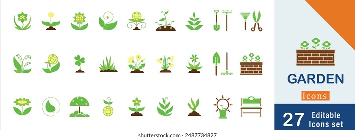 Garden flat icons set. Flowers, Plant, dacha, grass, Leaf, trees, Flower Shop,  green icons and more signs. Flat icon collection.
