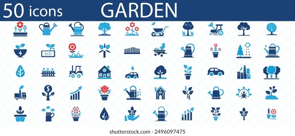 Garden flat icons set. Flowers, plot, dacha, grass, watering can, trees, care, digger icons and more signs. Flat icon collection