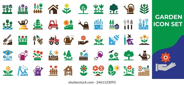 Garden flat icons set including flowers, plot, dacha, grass, watering can, trees, care, digger icons, and more signs in black color.