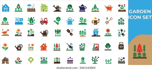 Garden flat icons set including flowers, plot, dacha, grass, watering can, trees, care, digger icons, and more signs in black color.