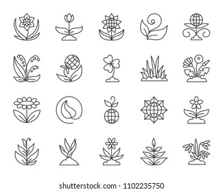 Garden flat icons set. Web sign kit of flower. Plant pictogram collection includes leaf, grass, clover. Simple garden cartoon colorful icon symbol isolated. Vector Illustration