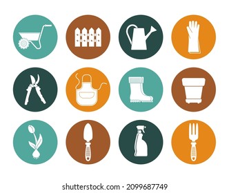 Garden flat icons. Garden tools and objects. Vector Illustration