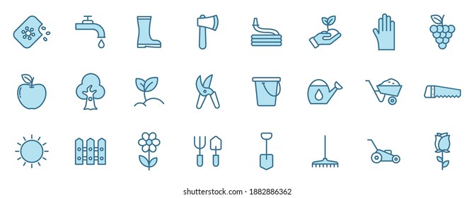 garden flat vector icons in two colors isolated on white background. gardening blue icon set for web design, ui, mobile apps and print