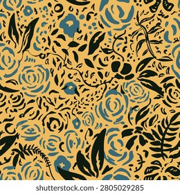 Garden Flora, Botanical Vector Style Art, Hand Drawn, Perfectly Seamless, all over printed pattern, ivy, branches, wild flowers, roses, Dandelion, suitable for textile art, surface design, digital art, ready to print, original hand made, vector flower illustration, trendy colors, 2026 trend fashion, woman's wear collection 
