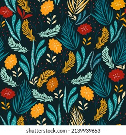 Garden Floral and Leaf Pattern for fabric, wrapping, textile, wallpaper, apparel. Seamless pattern with creative decorative flowers in scandinavian style.