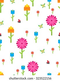 Garden floral party vector seamless vertical pattern. Flowers, bugs and butterfly on white background.