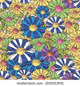 Garden floral pattern with leaves small colorful flowers. Floral seamless background for fashion prints, fabric, wallpaper and all prints on background earth tone color.