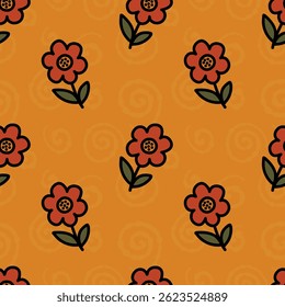 Garden floral print in the form of summer flowers, seamless pattern, warm background, natural, wrapping paper, flat style, vector illustration.