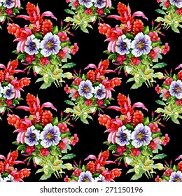 Garden floral seamless pattern on black background Watercolor Vector illustration. Peonies, Roses, Narcissus, Wildflowers