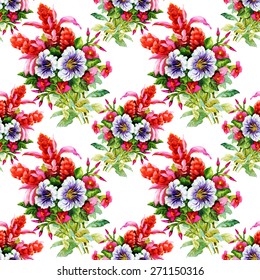 Garden floral seamless pattern on white background Watercolor Vector illustration. Peonies, Roses, Narcissus, Wildflowers