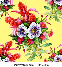 Garden floral seamless pattern on yellow background Watercolor Vector illustration. Peonies, Roses, Narcissus, Wildflowers