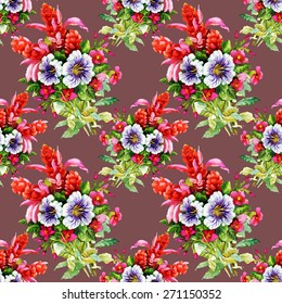 Garden floral seamless pattern on brown background Watercolor Vector illustration. Peonies, Roses, Narcissus, Wildflowers