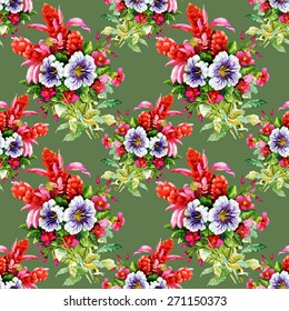 Garden floral seamless pattern on green background Watercolor Vector illustration. Peonies, Roses, Narcissus, Wildflowers