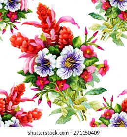Garden floral seamless pattern on white background Watercolor Vector illustration. Peonies, Roses, Narcissus, Wildflowers