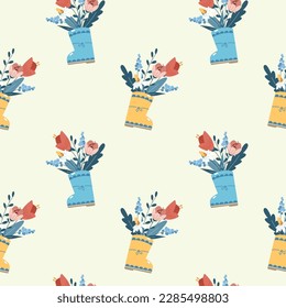 Garden floral seamless pattern. Spring background with flowers and twigs bouquet in rubber boots. Color flat print design for textile, fabric, wallpapers and wrapping paper. Vector illustration.