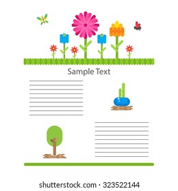 Garden floral vector article template. Flowers and butterfly on white banner.