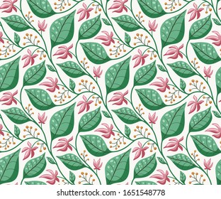 Garden floral vine, flowers, leaves and berries seamless vector pattern	