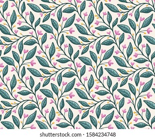 Garden floral vines and leaves seamless vector pattern, in pink and teal on light background