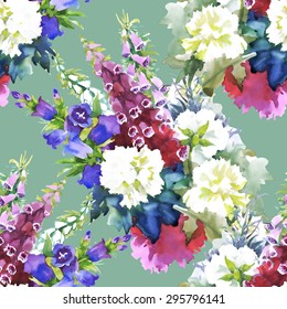Garden floral watercolor seamless pattern on green background vector illustration