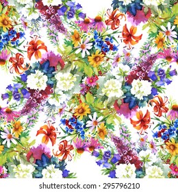 Garden floral watercolor seamless pattern on white background vector illustration