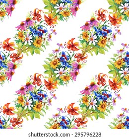 Garden floral watercolor seamless pattern on white background vector illustration