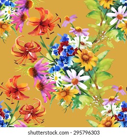 Garden floral watercolor seamless pattern on orange background vector illustration