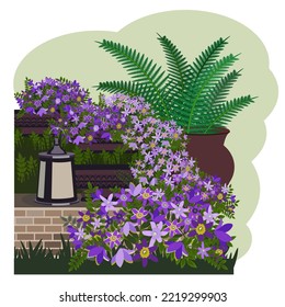 Garden flower bed with brick wall fragment, lantern, big flower pot. Blooming cascading campanula flowers and fern.Landscape garden design. Vector illustration svg