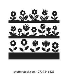 Garden flower bed rows showing tulips daisies blooming plants in soil representing spring season agriculture horticulture nature floral landscape