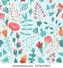 Garden flower, botanical, seamless pattern vector design for fashion, fabric, kids, wallpaper and all prints on green mint background color. Cute pattern in small flower. Small spring, colorful flower