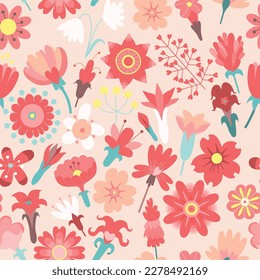 Garden flower, botanical, seamless pattern vector design for fashion, fabric, kids,  wallpaper and all prints on pink background color. Cute pattern in small flower. Small spring, colorful flowers.