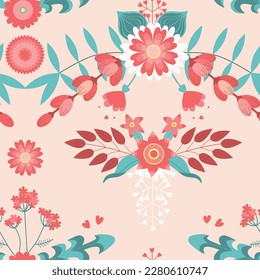 Flor de jardín, diseño de vectores de patrón sin fisuras para moda, tela, niños, papel pintado y todas las impresiones en color de fondo rosa. Patrón lindo en flor pequeña. Pequeña primavera, flores de colores.