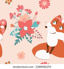 Garden flower, botanical, seamless pattern vector design with cute foxes for kids, fabric, wallpaper and all prints on pink background color. Cute pattern in small flower. Small spring flowers