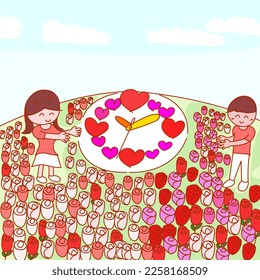 The garden with the flower clock around with roses and gardeners: hang around with the full garden of multi-colored roses. with a cheerful atmosphere and a beautiful theme of heart and Valentine's Day
