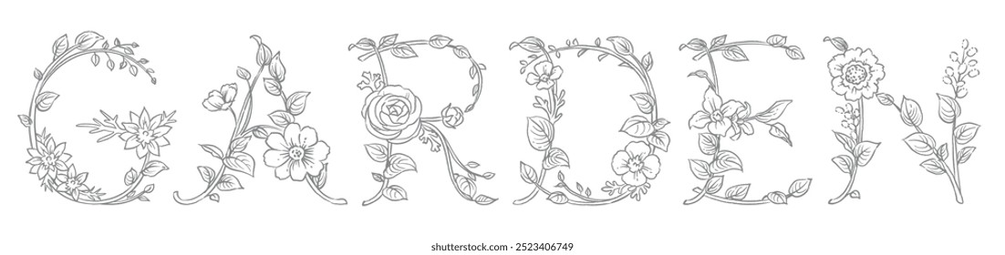 GARDEN. Flower dsign font. Vector illustration.
