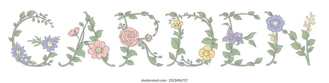 GARDEN. Flower dsign font. Vector illustration.