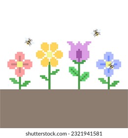 Garden flower with honey bee pixel art 8bit 