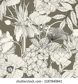 Garden flower illustration. Line  vintage seamless pattern.  Lilies, hydrangea, peony spring line illustration. Vintage blue color.