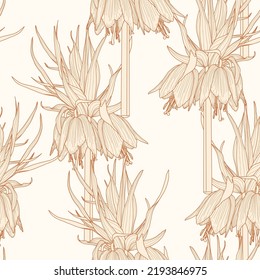 Garden flower illustration. Line  vintage seamless pattern.  Fritillaria imperialis spring line illustration.