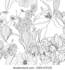 Garden flower illustration. Line  vintage seamless pattern.  Lilies, clematis, peony spring line illustration.