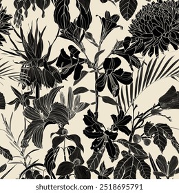 Ilustração de flor de jardim. Linha vintage padrão sem emenda.  Lírios, hortênsia, peônia ilustração de linha de primavera. Cor azul vintage. Flores de jardim e tropicais.