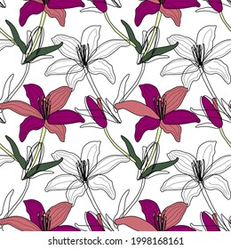 garden flower lily . seamless vector pattern . colored petals . closed bud . black lines . graphic modern elements . template for textiles; wallpaper; printed products