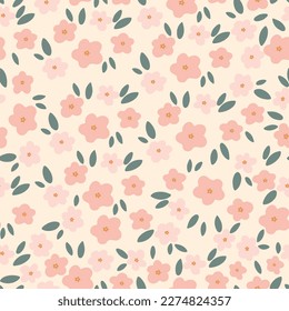 Garden flower, plant, botanical, seamless vector design for fashion, fabric, wallpaper and all prints on mint green color background. Cute pattern in a small flower. Small pink flowers.