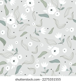 Garden flower, plant, botanical, seamless vector design for fashion, fabric, wallpaper and all prints on gray background. Cute pattern in a small flower. Small white flowers.