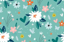 Garden Flower, Plants ,botanical ,seamless Pattern Vector Design For Fashion,fabric,wallpaper And All Prints On Green Mint Background Color. Cute Pattern In Small Flower. Small Colorful Flowers.