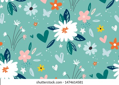 Garden flower, plants ,botanical ,seamless pattern vector design for fashion,fabric,wallpaper and all prints on green mint background color. Cute pattern in small flower. Small colorful flowers.