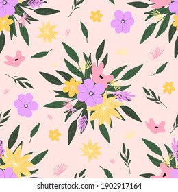 Garden flower, plants, botanical, seamless pattern vector design for fashion, fabric, wallpaper and all prints on green pink background color. Cute pattern with flower bouquet. Small colorful flowers.